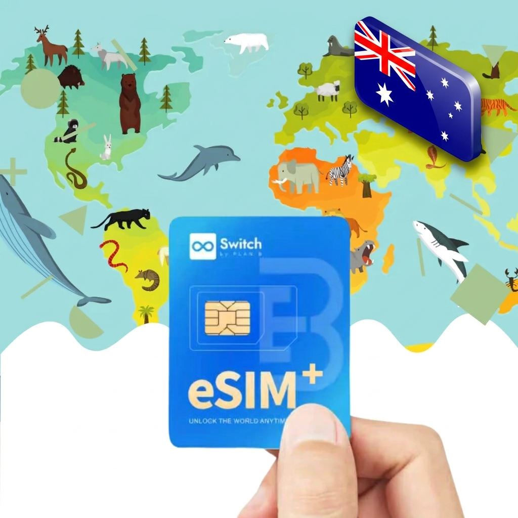 Switch physical eSIM adapter card bundled with a Australia 10GB 30-day eSIM data plan package — a reusable travel SIM solution for staying connected in Australia, compatible with both iPhone and Android smartphones