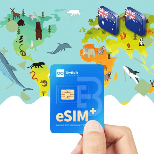 Switch= physical eSIM adapter card bundled with a Australia & New Zealand 10GB 30-day eSIM data plan package — a reusable travel SIM solution for staying connected in Australia & New Zealand, compatible with both iPhone and Android smartphones