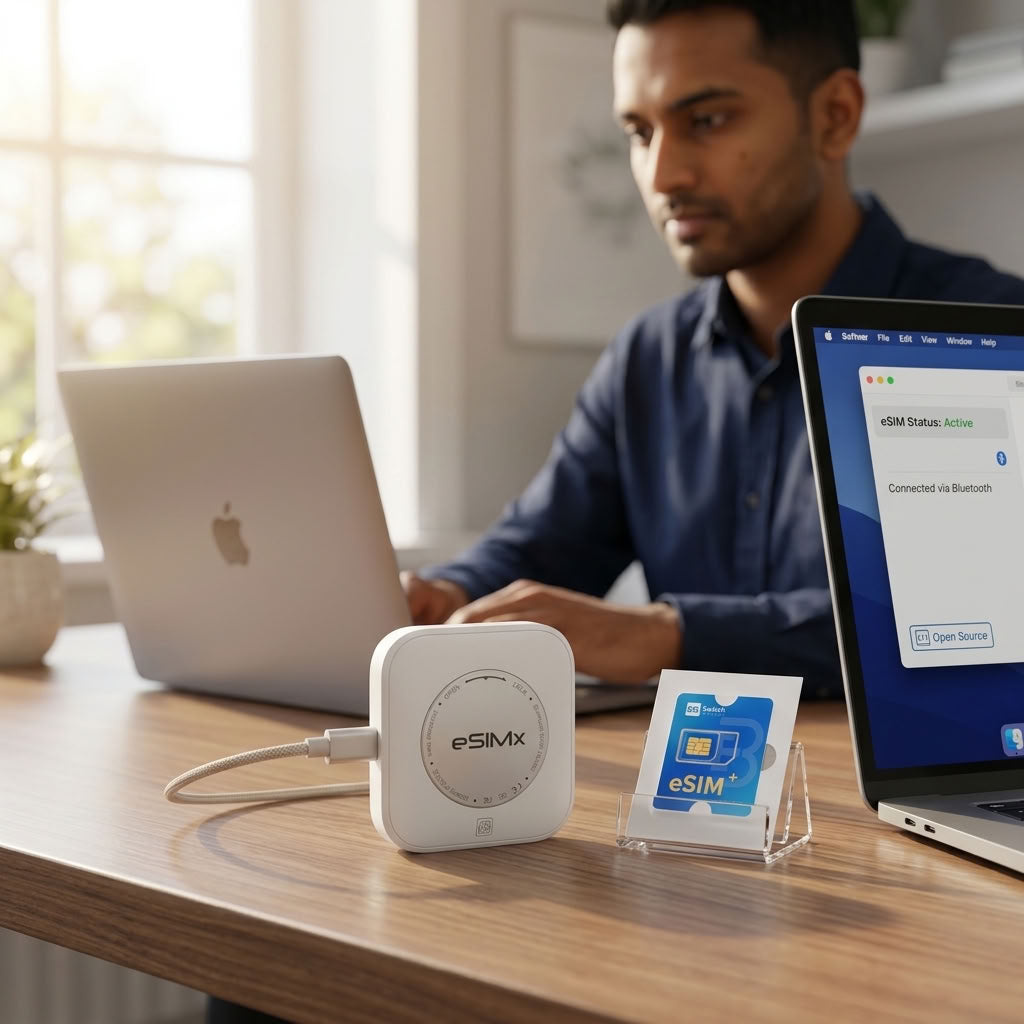 Bluetooth eSIM reader connected to a laptop with Switch Max adapter
