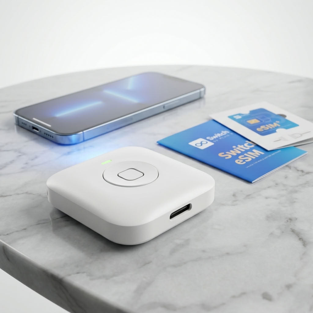 Bluetooth eSIM reader beside an iPhone and Switch eSIM adapter