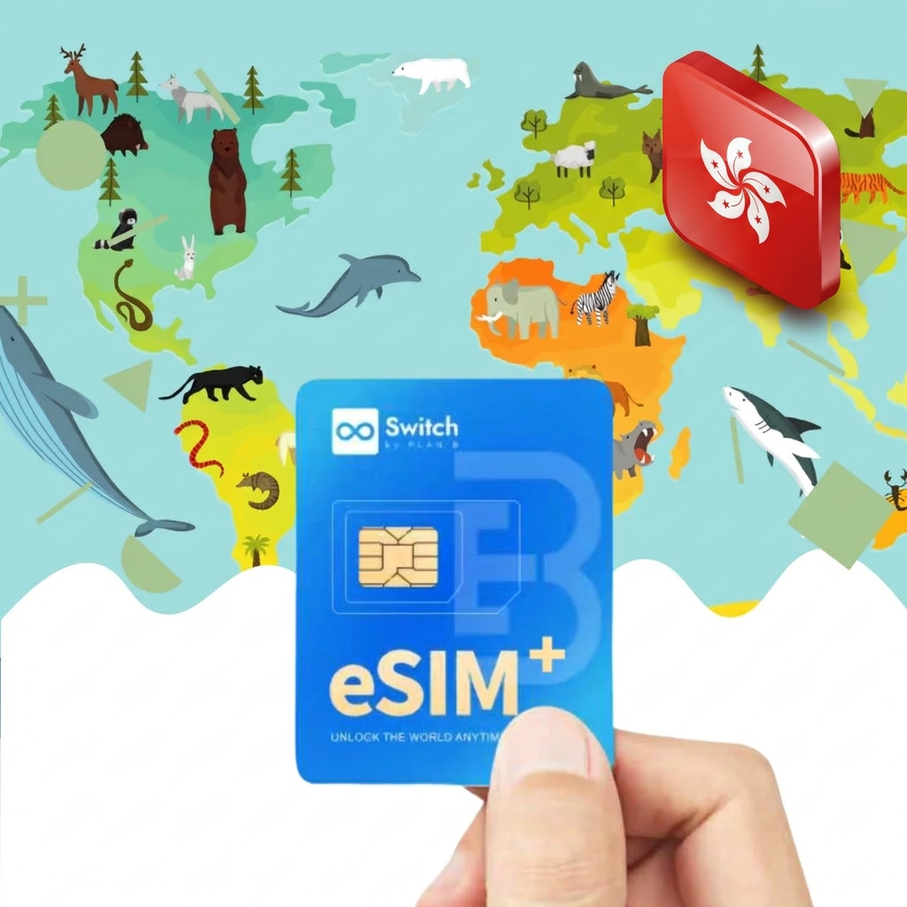 Switch physical eSIM adapter card bundled with a Hong Kong 20GB 30-day eSIM data plan package — a reusable travel SIM solution for staying connected in Hong Kong, compatible with both iPhone and Android smartphones
