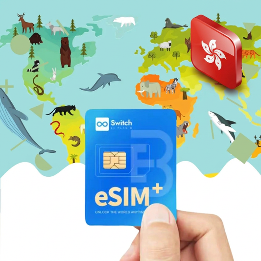Switch physical eSIM adapter card bundled with a Hong Kong 20GB 30-day eSIM data plan package — a reusable travel SIM solution for staying connected in Hong Kong, compatible with both iPhone and Android smartphones