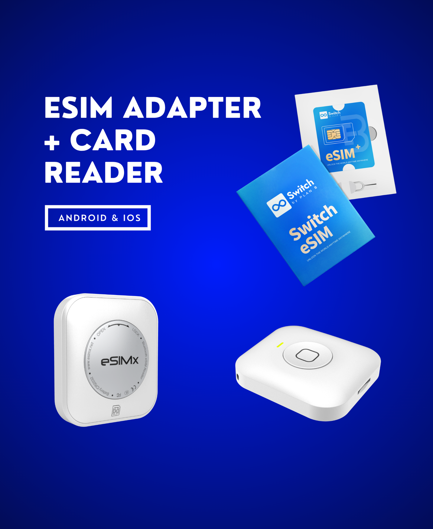 eSIM adapter and Bluetooth card reader in white with a circular button, alongside a blue Switch eSIM packet on a blue background.