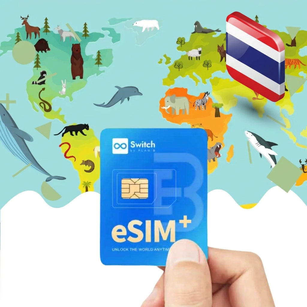 Switch physical eSIM adapter card bundled with a Thailand 20GB 30-day eSIM data plan package — a reusable travel SIM solution for staying connected in Thailand, compatible with both iPhone and Android smartphones