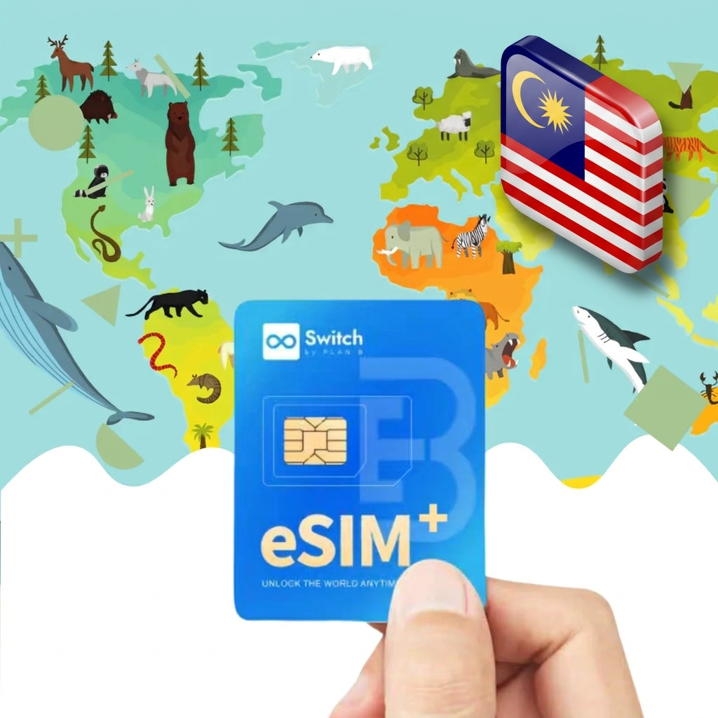 Switch physical eSIM adapter card bundled with a Malaysia 20GB 30-day eSIM data plan package — a reusable travel SIM solution for staying connected in Malaysia, compatible with both iPhone and Android smartphones