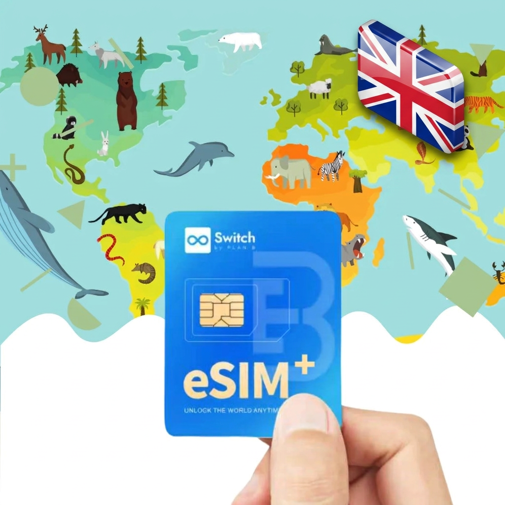 Switch Physical eSIM adapter bundled with a United Kingdom 20GB 30-day eSIM data plan package — a reusable travel SIM solution for staying connected in United Kingdom, compatible with both iPhone and Android smartphones