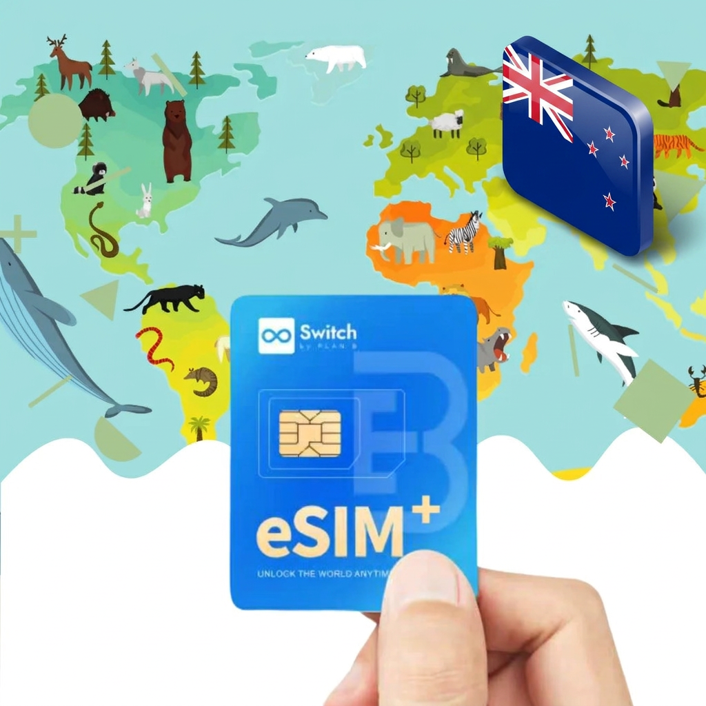 Switch physical eSIM adapter card bundled with a New Zealand 20GB 30-day eSIM data plan package — a reusable travel SIM solution for staying connected in New Zealand, compatible with both iPhone and Android smartphones