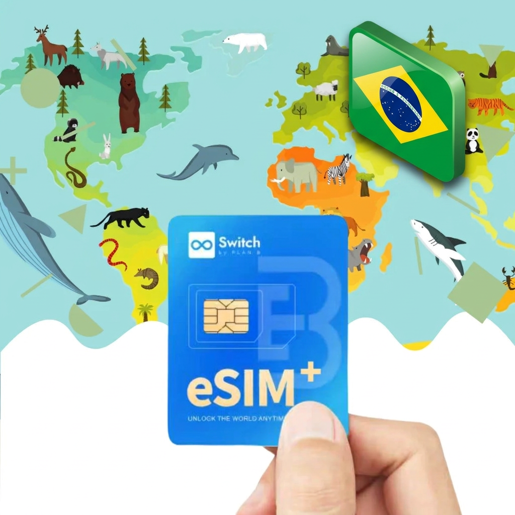 Switch physical eSIM adapter card bundled with a Brazil 10GB 30-day eSIM data plan package — a reusable travel SIM solution for staying connected in Brazil, compatible with both iPhone and Android smartphones