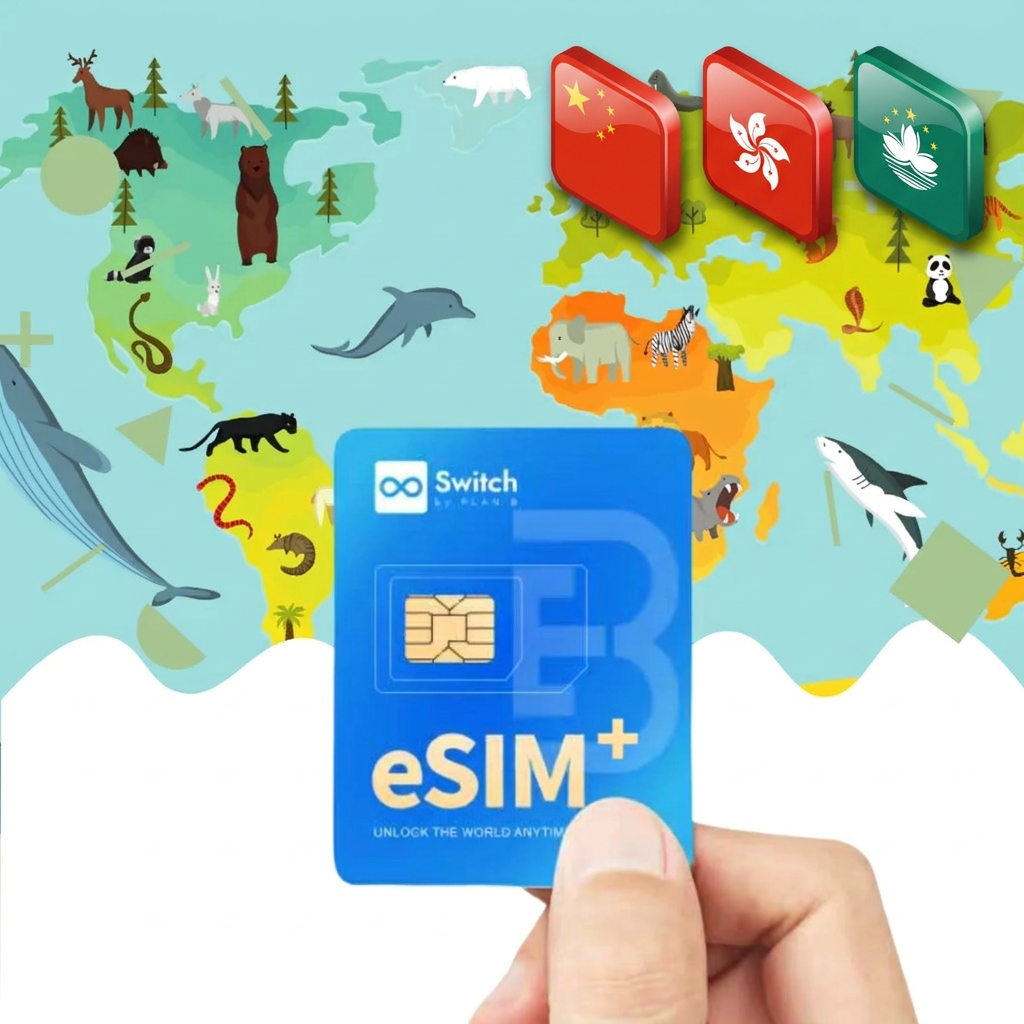 Switch physical eSIM adapter card bundled with a China (mainland HK Macao) 10GB 30-day eSIM data plan package — a reusable travel SIM solution for staying connected in China, compatible with both iPhone and Android smartphones