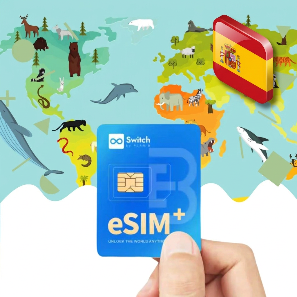 Switch physical eSIM adapter card bundled with a Spain 20GB 30-day eSIM data plan package — a reusable travel SIM solution for staying connected in Spain, compatible with both iPhone and Android smartphones