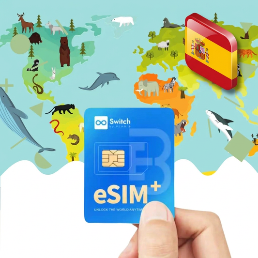 Switch physical eSIM adapter card bundled with a Spain 20GB 30-day eSIM data plan package — a reusable travel SIM solution for staying connected in Spain, compatible with both iPhone and Android smartphones