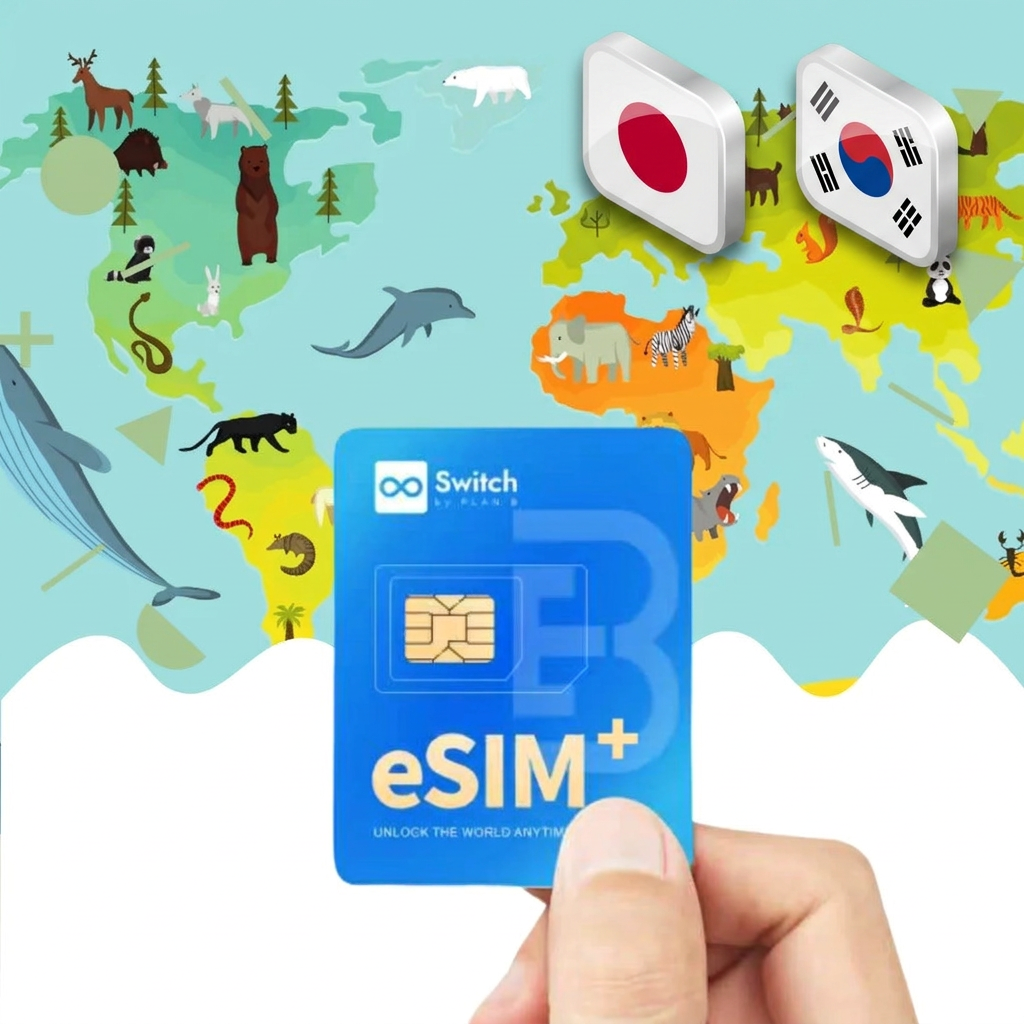 Switch Max physical eSIM adapter card bundled with a Japan & South Korea 10GB 30-day eSIM data plan package — a reusable travel SIM solution for staying connected in Japan & South Korea, compatible with both iPhone and Android smartphones