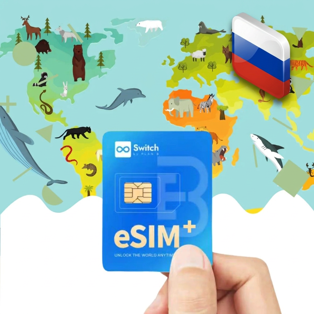 Switch physical eSIM adapter card bundled with a Russia 10GB 30-day eSIM data plan package — a reusable travel SIM solution for staying connected in Russia, compatible with both iPhone and Android smartphones