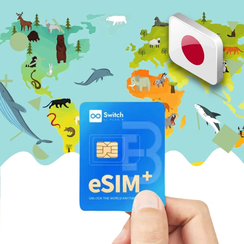 Switch physical eSIM adapter card bundled with a Japan 20GB 30-day eSIM data plan package — a reusable travel SIM solution for staying connected in Japan, compatible with both iPhone and Android smartphones