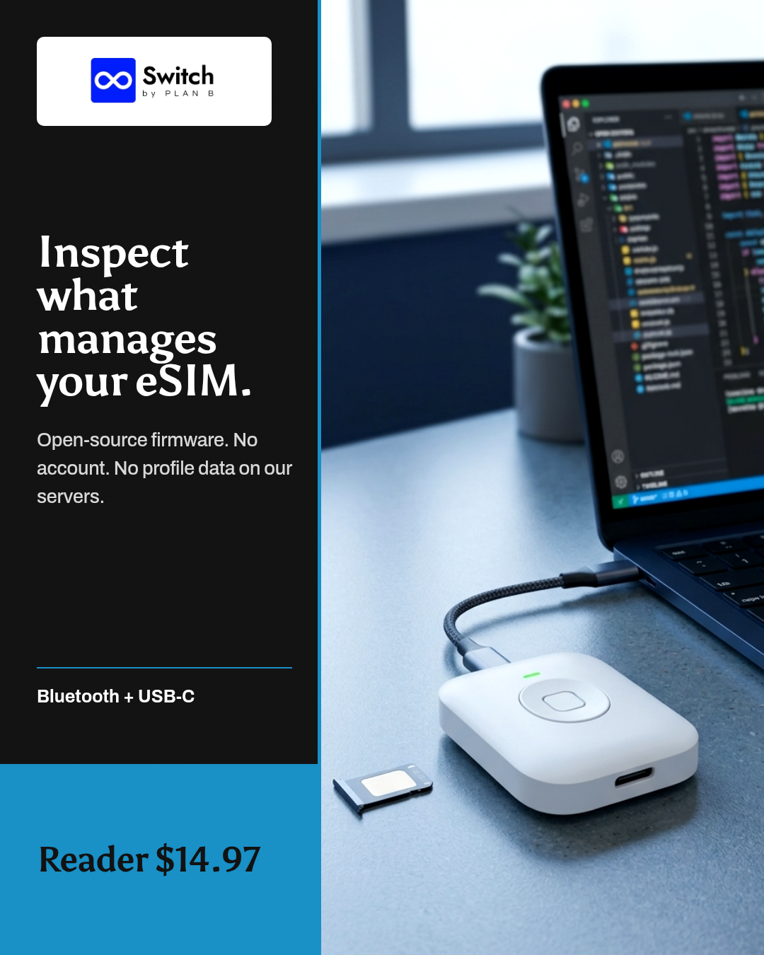 Open-source eSIM reader firmware managed over Bluetooth or USB-C