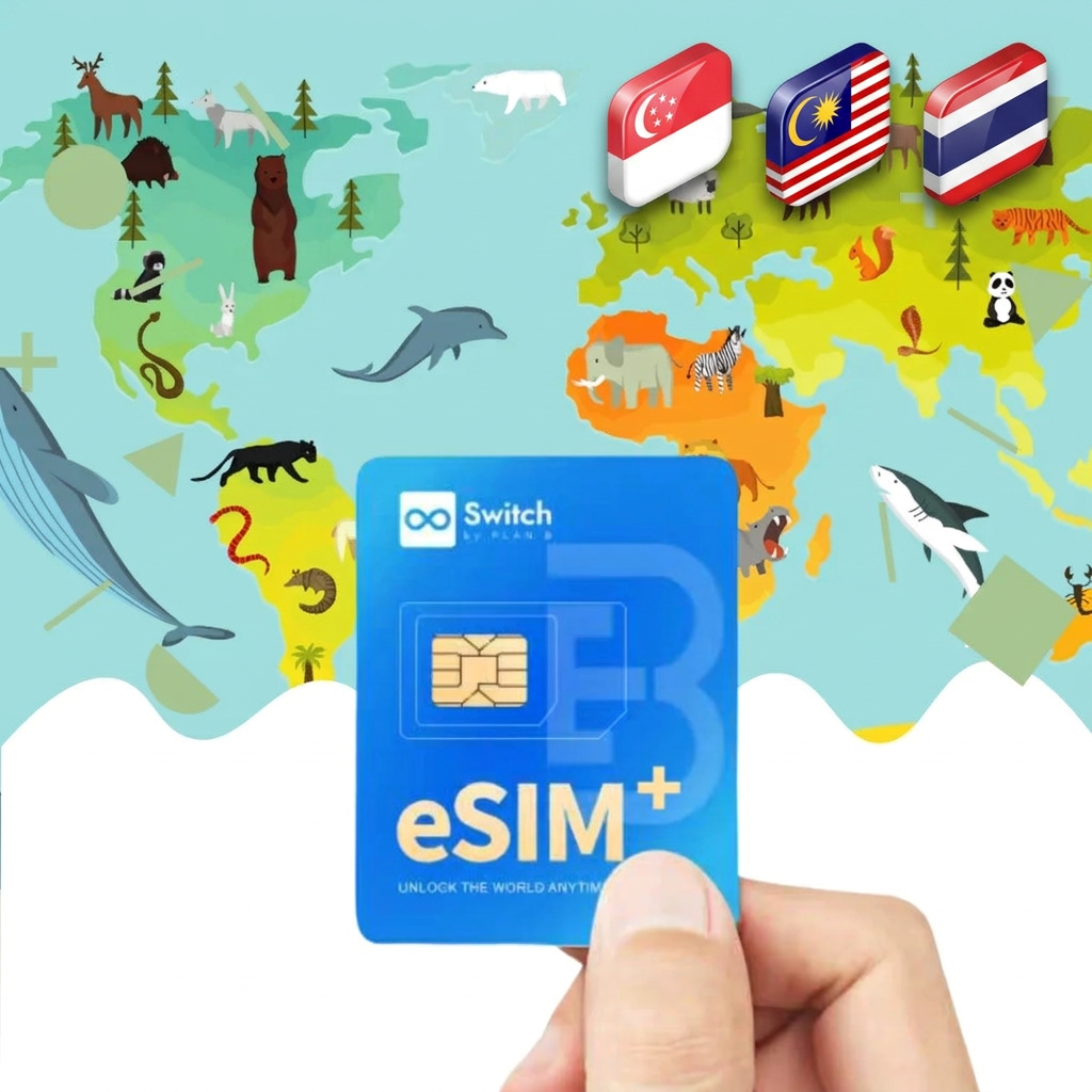 Switch physical eSIM adapter bundled with a Singapore & Malaysia & Thailand 20GB 30-day eSIM data plan package — a reusable travel SIM solution for staying connected in Singapore & Malaysia & Thailand, compatible with both iPhone and Android smartphones
