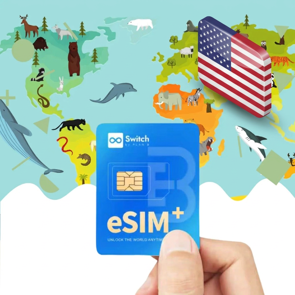 Switch physical eSIM adapter bundled with a United States 20GB 30-day eSIM data plan package — a reusable travel SIM solution for staying connected in United States, compatible with both iPhone and Android smartphones