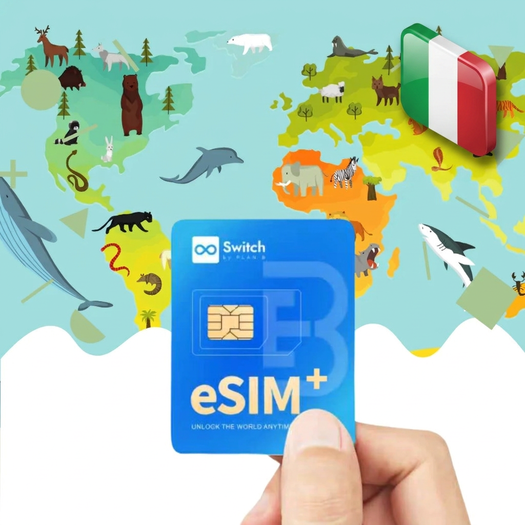 Switch physical eSIM adapter card bundled with a Italy 20GB 30-day eSIM data plan package — a reusable travel SIM solution for staying connected in Italy, compatible with both iPhone and Android smartphones