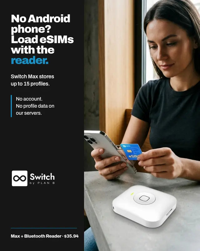Switch eSIM Bluetooth reader connected to a laptop by USB-C