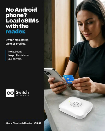 Switch eSIM Bluetooth reader connected to a laptop by USB-C