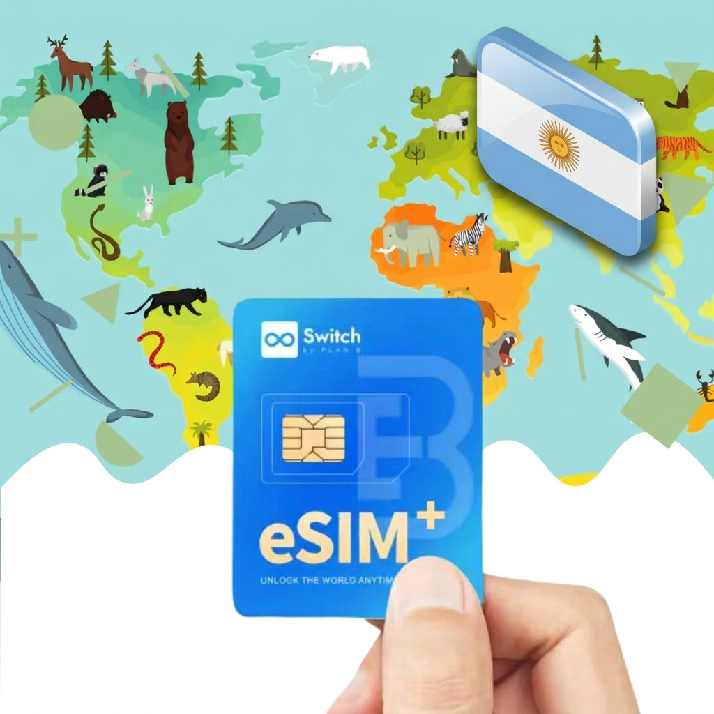 Switch physical eSIM adapter card bundled with a Argentina 10GB 30-day eSIM data plan package — a reusable travel SIM solution for staying connected in Argentina, compatible with both iPhone and Android smartphones