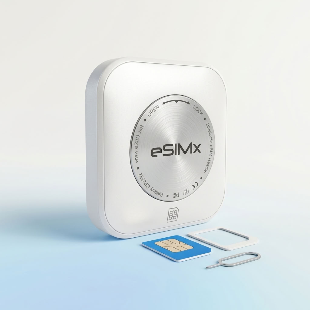 eSIMX Bluetooth reader with SIM card tray and eject tool