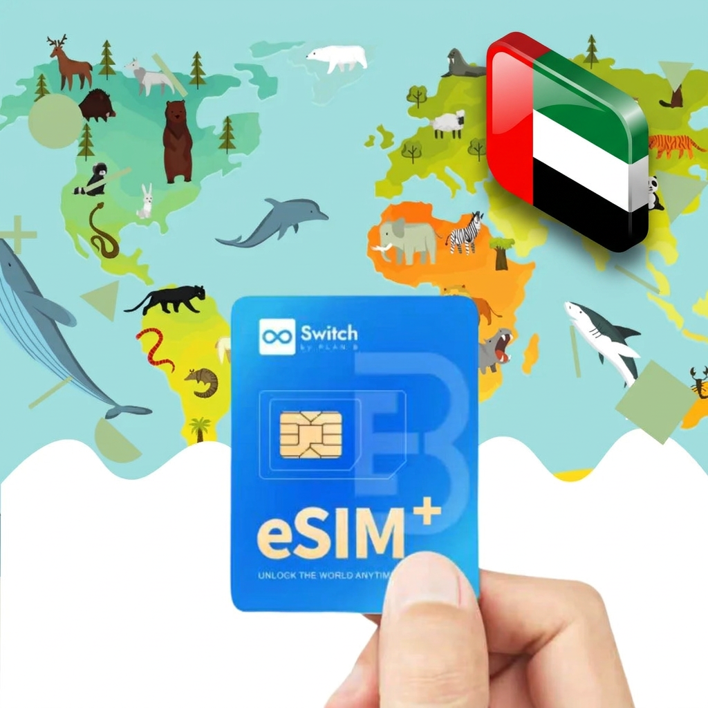 Switch physical eSIM adapter card bundled with a United Arab Emirates 10GB 30-day eSIM data plan package — a reusable travel SIM solution for staying connected in United Arab Emirates, compatible with both iPhone and Android smartphones