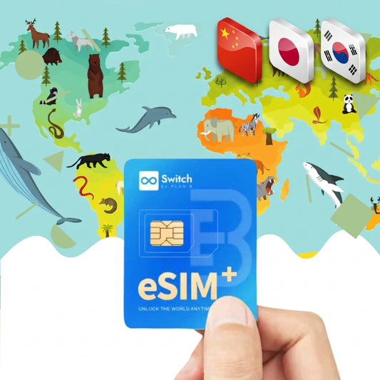 Switch Pro compact eSIM adapter bundled with a China mainland & Japan & South Korea 10GB 30-day eSIM data plan package — a reusable travel SIM solution for staying connected in China mainland & Japan & South Korea, compatible with both iPhone and Android smartphones