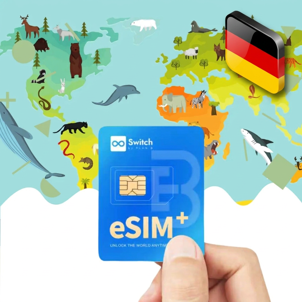 Switch physical eSIM adapter card bundled with a Germany 20GB 30-day eSIM data plan package — a reusable travel SIM solution for staying connected in Germany, compatible with both iPhone and Android smartphones