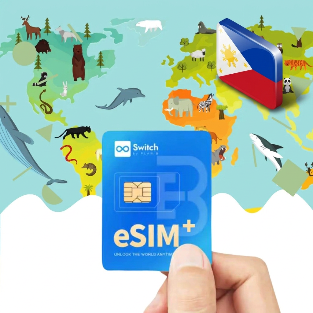Switch physical eSIM adapter card bundled with a Philippines 20GB 30-day eSIM data plan package — a reusable travel SIM solution for staying connected in Philippines, compatible with both iPhone and Android smartphones